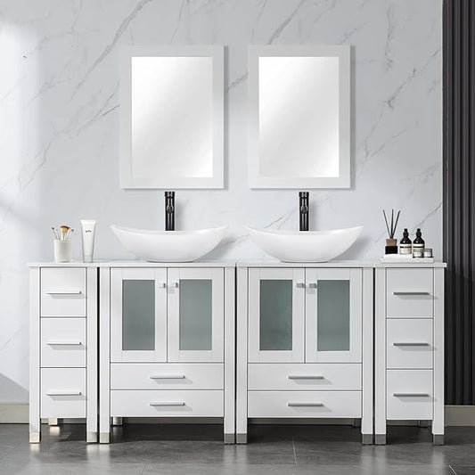 LUCKWIND 72" Double 24-in Bathroom Vanity with Sink Combo, Elegant Series with Two 12.6-in Side Cabinets, Painted Frame, Including White Boat Sinks, Faucets Without Mirrors, White