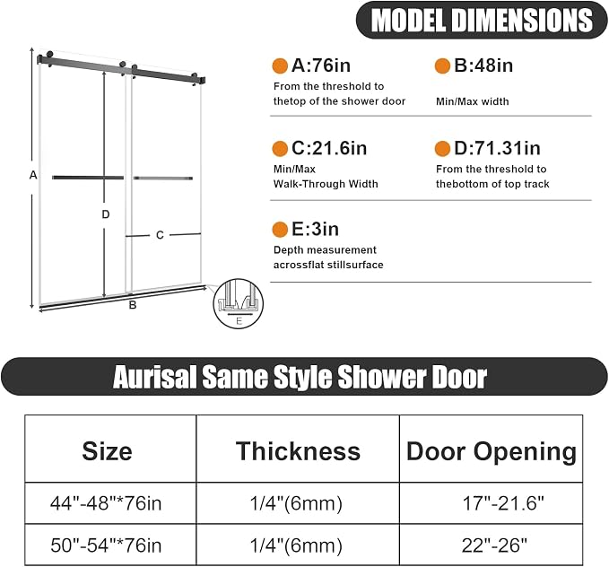 Frameless Stainless Steel Sliding Shower Door, 44-48" W x 76" H - 1/4” (6mm) Thick Tempered Glass Rust-Proof Glass Shower Door with Dual Tracks in Matte Black