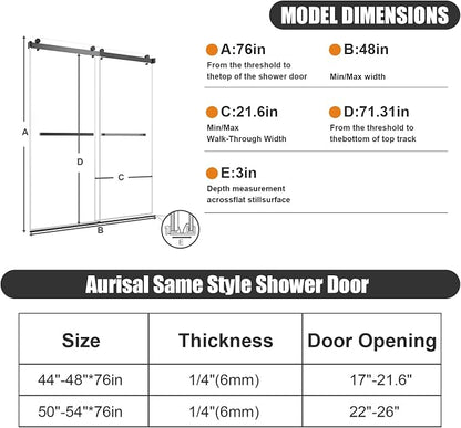 Frameless Stainless Steel Sliding Shower Door, 44-48" W x 76" H - 1/4” (6mm) Thick Tempered Glass Rust-Proof Glass Shower Door with Dual Tracks in Matte Black
