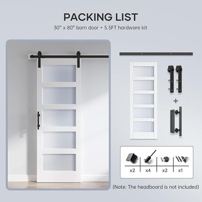 30x80 Inch Glass Sliding Barn Door Slab and 5.5ft Hardware Kit Included, 5 Frosted Glass, LVL Wood Panel Covered with White Water-Proof Scratch-Proof PVC Surface, Simple DIY Assembly