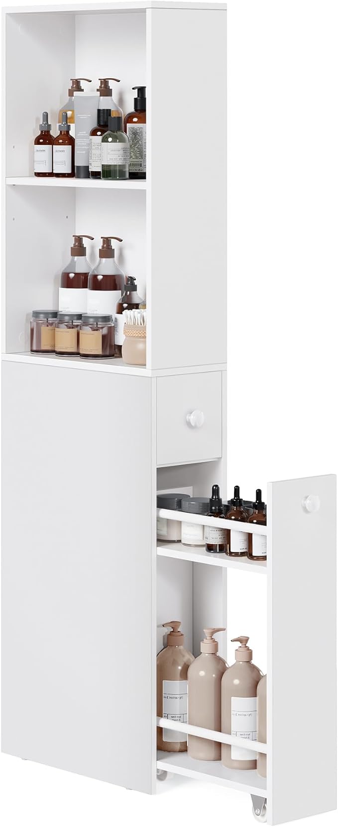 VASAGLE Slim Bathroom Storage Cabinet, Narrow Freestanding Cabinet with Storage Drawers and Adjustable Shelf, for Small Spaces, Modern Style, Cloud White UBBK567T14S