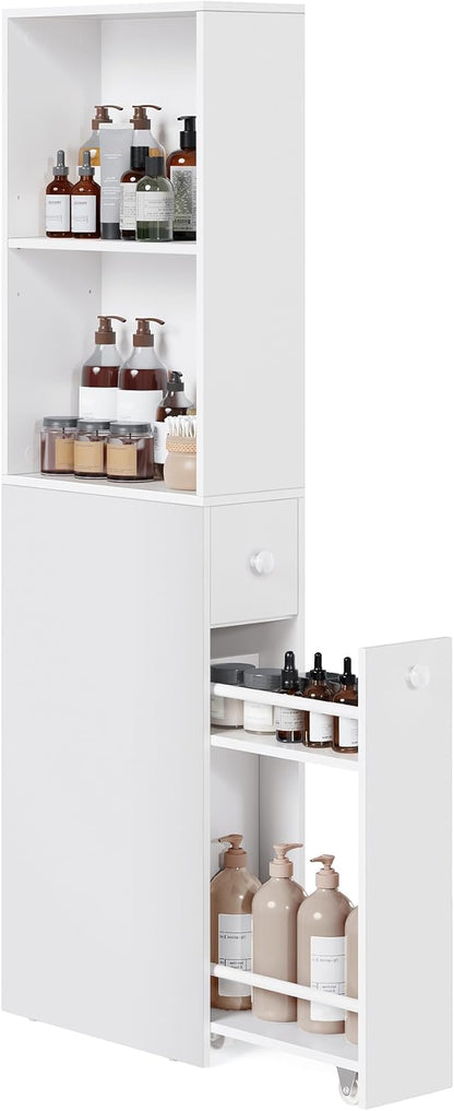 VASAGLE Slim Bathroom Storage Cabinet, Narrow Freestanding Cabinet with Storage Drawers and Adjustable Shelf, for Small Spaces, Modern Style, Cloud White UBBK567T14S