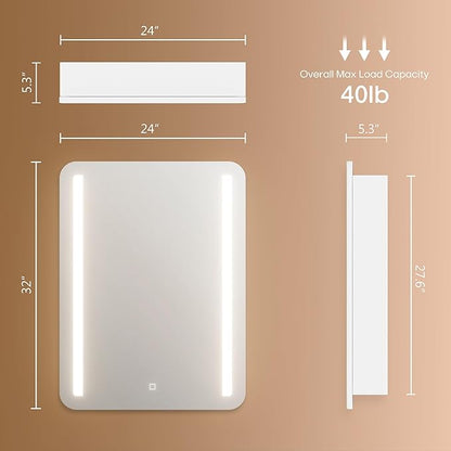 32x24 inch LED Lighted Bathroom Medicine Mirror Cabinet with Sockets & USBs, Anti-Fog Dimmable Light and Color Adjustment, Adjustable Shelves, Flat-Pack Design – Assembly Required