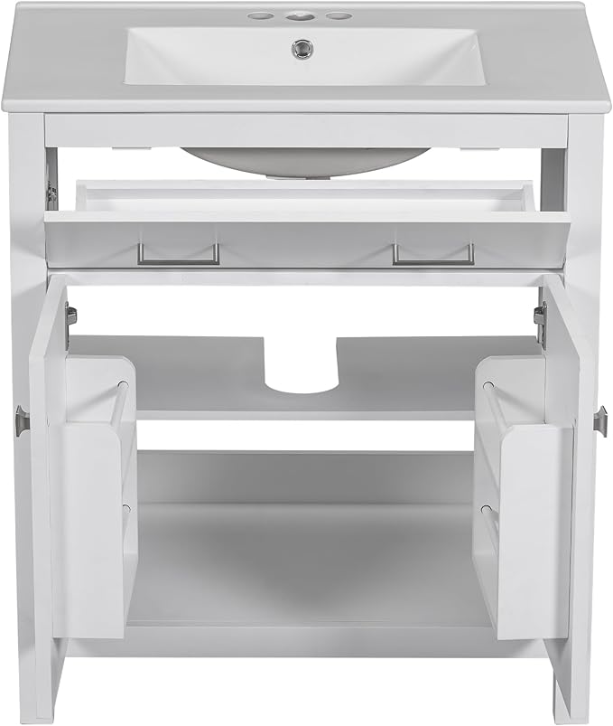 Favfurish 30" Bathroom Vanity with Ceramic Sink,Undermount Single Basin Bath Vanity Set w/1 Flip-Out Drawer and 2 Soft-Close Doors,Modern Solid Wood Storage Cabinet w/Adjustable Shelf,White