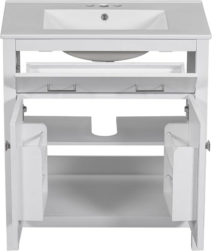 Favfurish 30" Bathroom Vanity with Ceramic Sink,Undermount Single Basin Bath Vanity Set w/1 Flip-Out Drawer and 2 Soft-Close Doors,Modern Solid Wood Storage Cabinet w/Adjustable Shelf,White