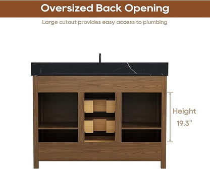 48 Inch Bathroom Vanity with Sink, Farmhouse Solid Wood Frame Vanity with Sink, Sliding Barn Door Bathroom Storage Cabinet with Soft-Closing Dovetail Drawers, Brown Oak