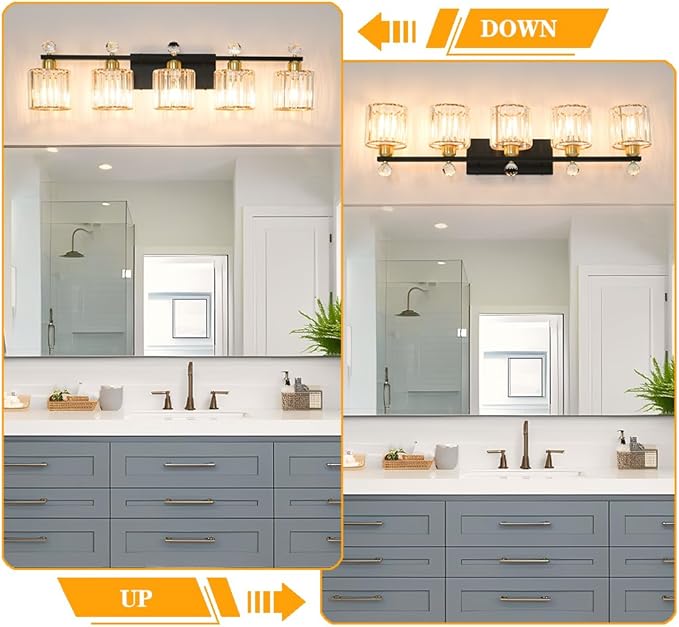 5 Light Black and Gold Vanity Light, Modern Crystal Bathroom Vanity Lighting Fixtures, Bath Wall Mount Lights with Clear Crystal Glass Shade, Wall Sconce Light for Mirror Bedroom Living Room, E26 Base