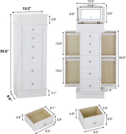 IRONCK Jewelry Cabinet with LED Mirror and 6 Drawers, Jewelry Armoire Cabinet Standing with Necklace Hooks & Anti-Tarnish Lining, Standing Jewelry Box, Gift for Women, White
