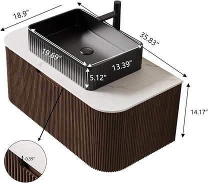 Yayzy 36" Floating Bathroom Vanity with Sink, Solid Wood Fluted Cabinet, Black Fluted Square Ceramic Basin & Faux Marble Top, Soft-Close Drawer, Pre-Assembled, Walnut Woodgrain