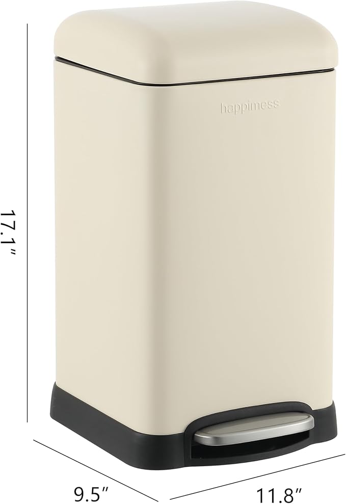 happimess Betty Retro Mini 3.2 Gal Step Trash Can, Limestone Beige | Soft-Close Lid, Removable Liner, Iron, Hands-Free Pedal, Satin Finish, Non-Skid Base, Built-In Damper, Modern, Minimalistic