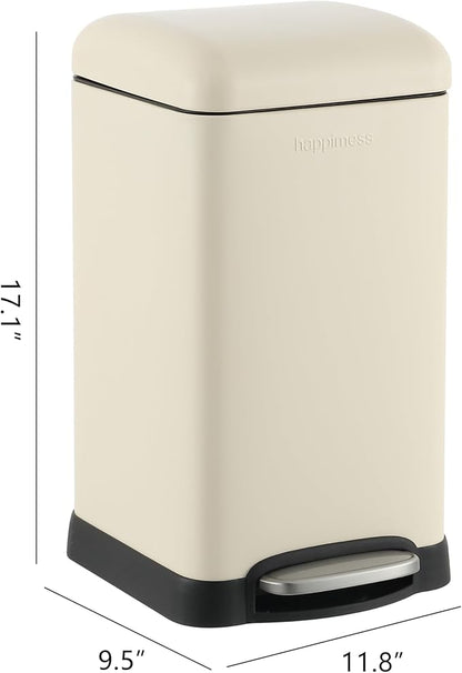 happimess Betty Retro Mini 3.2 Gal Step Trash Can, Limestone Beige | Soft-Close Lid, Removable Liner, Iron, Hands-Free Pedal, Satin Finish, Non-Skid Base, Built-In Damper, Modern, Minimalistic