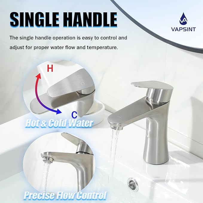 VAPSINT Single Handle Bathroom Faucet, Brushed Nickel Bathroom Sink Faucet 1 Hole, Stainless Steel Small Vanity Faucets Single Hole for Vessel RV with Water Supply Hoses & Pop-up Drain