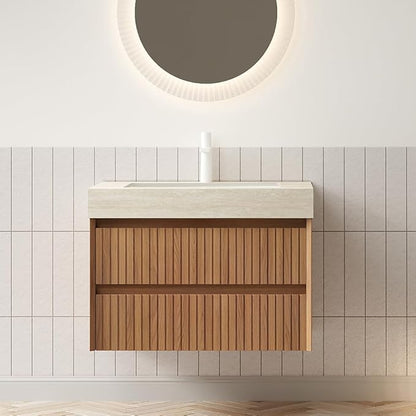 30" Bathroom Vanity with Sink, Modern Bathroom Floating Vanity with Travertine-Pattern Sintered Stone Top & Ceramic Undermount Basin, Pre-Assembled W/2 Drawers, Espresso