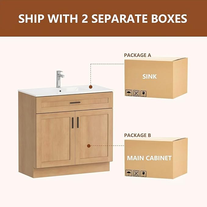 36 Inch Bathroom Vanity with Sink, Farmhouse Style Natural Wood Grain, Double Door Open Storage, Thickened Material & Sturdy Frame, Freestanding Ceramic Sink Vanity(Natural Oak)