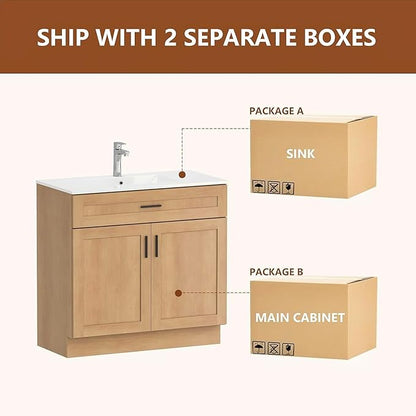 36 Inch Bathroom Vanity with Sink, Farmhouse Style Natural Wood Grain, Double Door Open Storage, Thickened Material & Sturdy Frame, Freestanding Ceramic Sink Vanity(Natural Oak)