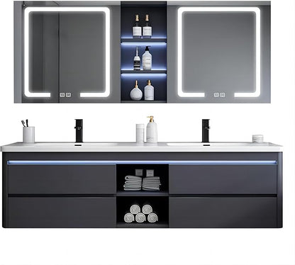 55IN Double Sink Vanity, 4 Drawers, Two LED Smart Touch Mirror Cabinets, Open Center Compartment, Body Sensor Lights, Wall Mounted Storage Vanity (75IN)