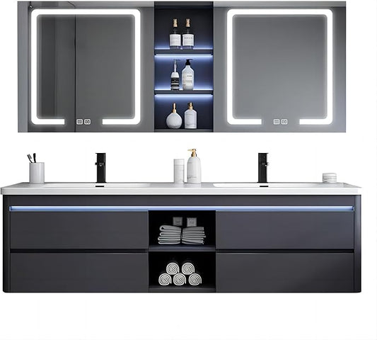 55IN Double Sink Vanity, 4 Drawers, Two LED Smart Touch Mirror Cabinets, Open Center Compartment, Body Sensor Lights, Wall Mounted Storage Vanity (63IN)