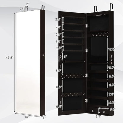 COSTWAY Wall Mounted Jewelry Armoire with Full Length Mirror & 2 LED Lights, Large Storage Capacity, Lockable Mirror Jewelry Cabinet for Women Girls (Brown)