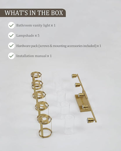 5-Light Brushed Gold Bathroom Light Fixtures Over Mirror with Clear Glass and Metal Cage Shade, 38" UL-Listed Modern Farmhouse Wall Sconce for Bath, Hardwire E26, OS-3014BG-5W