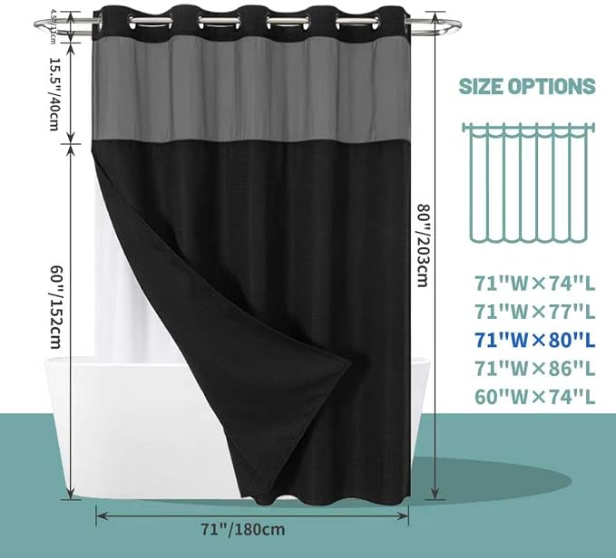eachope No Hook Waffle Shower Curtain with Snap-in Liner, 71x80 Inch, Black | 230 GSM waffle weave fabric, waterproof liner set with 2 bottom magnets, mesh top window, washable, for bathroom or hotel use