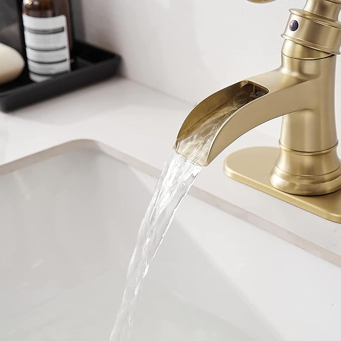 Gold Bathroom Faucet Waterfall Bathroom Sink Faucets Brass with Pop Up Drain Stopper Single-Handle 1 Hole Faucet