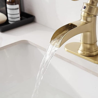 Gold Bathroom Faucet Waterfall Bathroom Sink Faucets Brass with Pop Up Drain Stopper Single-Handle 1 Hole Faucet