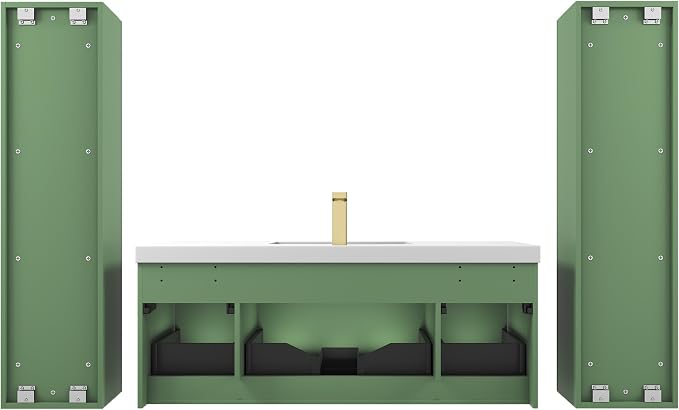 Blossom 48 Inch Bathroom Vanity with Sink and 2 Side Cabinets, All Wood Wall Mounted Floating Bathroom Vanity Cabinet with Acrylic Sink, Soft-Close Drawers, Bathroom Vanities, Aventurine Green