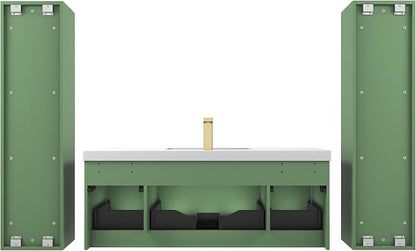 Blossom 48 Inch Bathroom Vanity with Sink and 2 Side Cabinets, All Wood Wall Mounted Floating Bathroom Vanity Cabinet with Acrylic Sink, Soft-Close Drawers, Bathroom Vanities, Aventurine Green