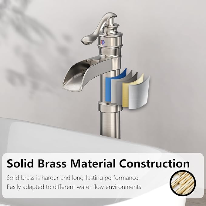 Brushed Nickel Vessel Sink Faucet Brass Tall Waterfall Bathroom Faucet | Single Handle Bathroom Sink Faucets with Pop Up Drain Without Overflow and Supply Hoses Mixer Tap Deck Mount by BATHLAVISH