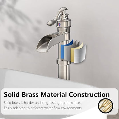Brushed Nickel Vessel Sink Faucet Brass Tall Waterfall Bathroom Faucet | Single Handle Bathroom Sink Faucets with Pop Up Drain Without Overflow and Supply Hoses Mixer Tap Deck Mount by BATHLAVISH