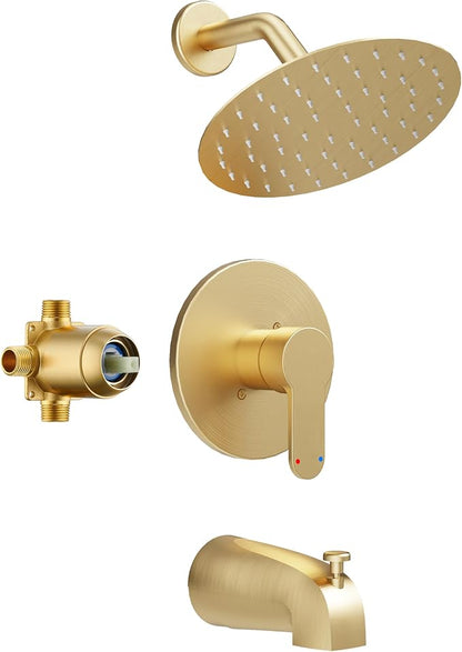 Tub Shower Faucet, Gold Shower Faucet Set with 6" Shower Head | All-Metal Bathroom Rainfall Showerhead and Bathtub Spout, Single-Handle Wall Mounted Tub Shower-Trim Kit Included Valve