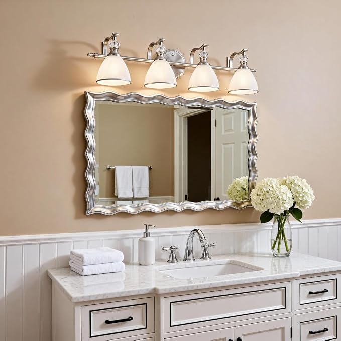 Bathroom Light Fixtures Over Mirror, 4-Light Brushed Nickel Vanity Lights for Bathroom, 27.8 Inch Vintage Wall Sconce with Milk White Bell Glass Shades, Rustproof Silver Finish, E26 Base