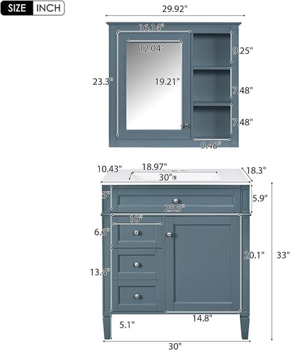 Merax 30 Inch Bathroom Vanity with Sink Set, Modern Bathroom Vanity Storage Cabinet with Matching Mirror Medicine Cabinet, Solid Wood Frame，Painted Finish, 2 Drawers and 1 Tip-Out Drawer, Indigo