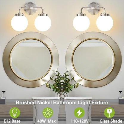 Bathroom Light Fixtures Over Mirror, Brushed Nickel Modern Vanity Lighting with Milk White Glass Globe Shades 2-Light Farmhouse Wall Sconce