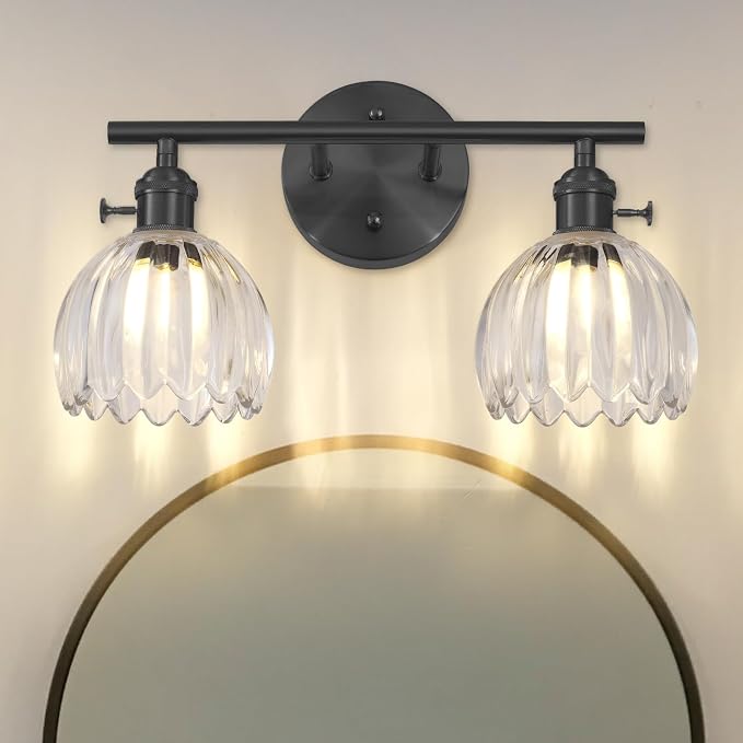 Matte Black 2 Light Bathroom Vanity Light,14.9in Modern Bathroom Lighting Fixtures Over Mirror with Clear Crystal Glass Shade,Vintage Vanity Lights for Bathroom Living Room Bedroom（not include bulbs)