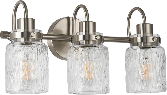 3 Lights Bathroom Vanity Light, Brushed Nickel Bathroom Light Fixtures with Hammered Glass Lampshade for Dressing Table,Over Mirror,Hallway