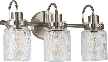 3 Lights Bathroom Vanity Light, Brushed Nickel Bathroom Light Fixtures with Hammered Glass Lampshade for Dressing Table,Over Mirror,Hallway