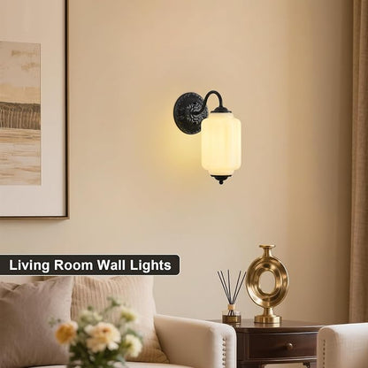 Milk Glass Sconce Vintage Vanity Sconces Black, Bulb Included | Milk Glass Art Deco Antique Wall Sconce Wall Light for Bedroom Bathroom Living Room Entryway, Antique Black and White 1 Pack