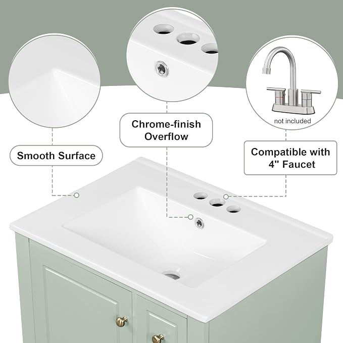 Bathroom Vanity with Ceramic Sink 24 Inch, Cabinet with One Door and Three Drawers, Soft-Closing Door, Solid Wood Legs, Green