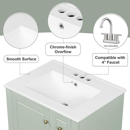 Bathroom Vanity with Ceramic Sink 24 Inch, Cabinet with One Door and Three Drawers, Soft-Closing Door, Solid Wood Legs, Green