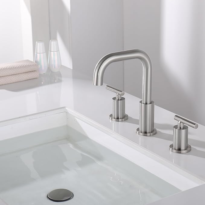 8 inch Brushed Nickel Widespread Bathroom Faucet, 2 Handle 3 Hole Bathroom Faucet with Sink Drain and Water Faucet Supply Hose, ChiLDano Bathroom Faucets CH3166BN | ChiLDano Satin Nickel Sink Faucet Bathroom with 360 Swivel Spout, Brushed Nickel Vanity...