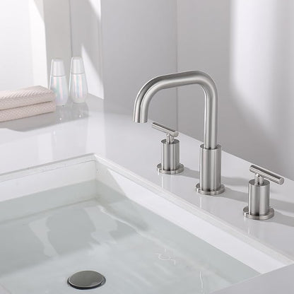 8 inch Brushed Nickel Widespread Bathroom Faucet, 2 Handle 3 Hole Bathroom Faucet with Sink Drain and Water Faucet Supply Hose, ChiLDano Bathroom Faucets CH3166BN | ChiLDano Satin Nickel Sink Faucet Bathroom with 360 Swivel Spout, Brushed Nickel Vanity...