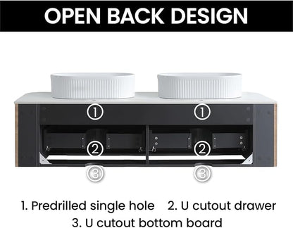 60" Preassembled Double Floating Bathroom Vanity with White Sink, Oak | Mid-Century Modern Style, Fluted & Soft-Close Drawer with U-shaped Wall, Sinterted Stone Countertop, Towel Rack Included