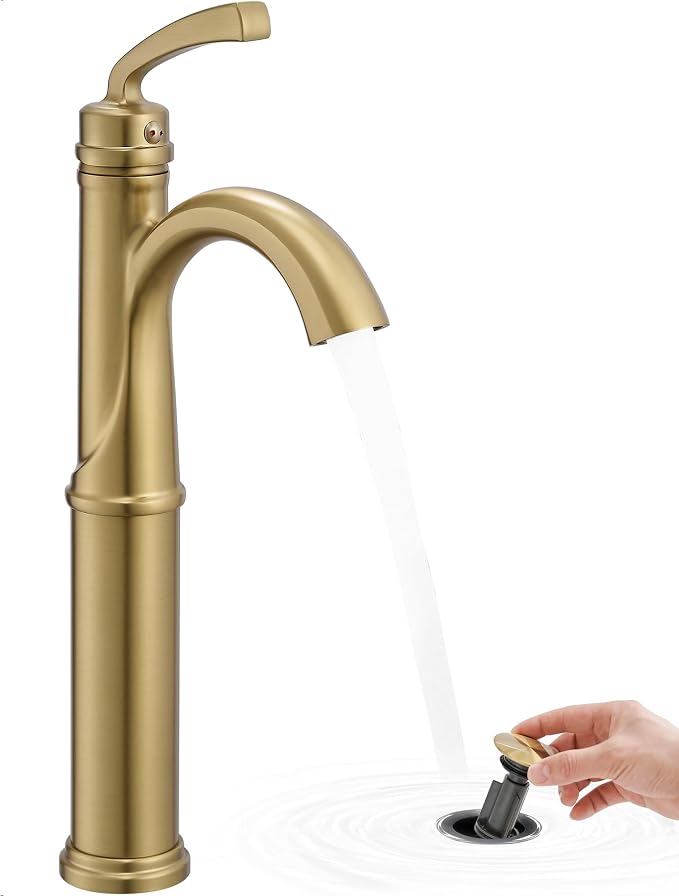 Gold Vessel Sink Faucet, Brass Tall Bathroom Sink Faucet One Hole with 1 Handle, Pop Up Drain, cUPC Supply Hoses & Aerator for Above Counter Basin, Arched Spout Design, 5 Mins Quick Installation