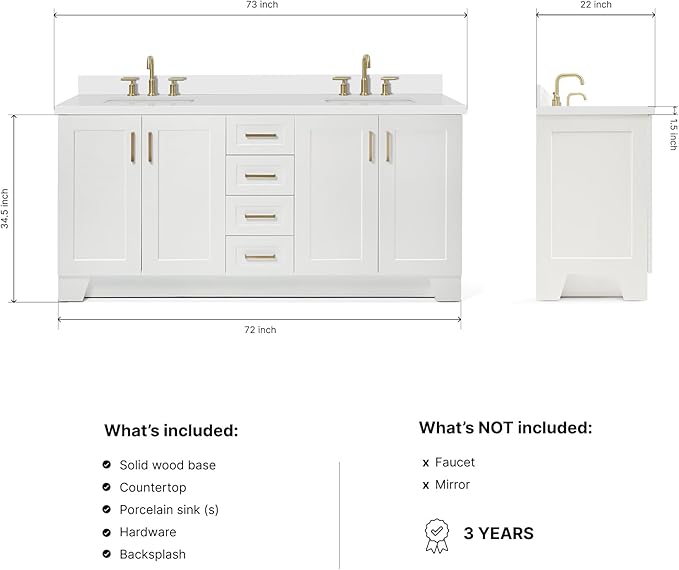 DKB Emilia 72 Inch Bathroom Vanity Double Sink — White Bathroom Vanity with Sink, 1.5" Edge Pure White Quartz Countertop & Backsplash, 4 Soft-Close Doors, and 6 Dovetail Drawers