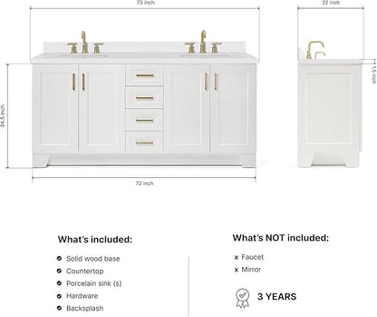 DKB Emilia 72 Inch Bathroom Vanity Double Sink — White Bathroom Vanity with Sink, 1.5" Edge Pure White Quartz Countertop & Backsplash, 4 Soft-Close Doors, and 6 Dovetail Drawers