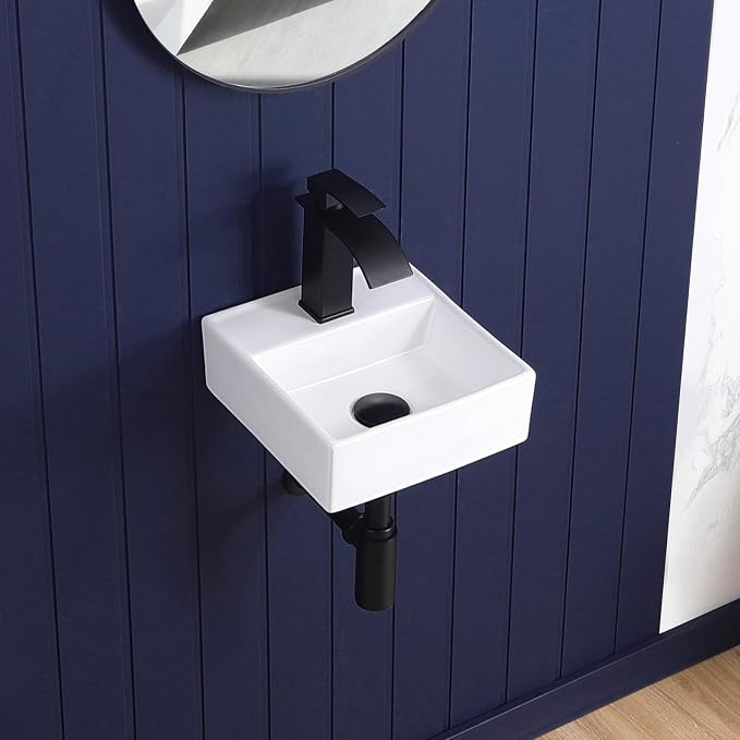 Small Vessel Sink 11"x12" Wall Mount Bathroom Sink Wall Mounted Rectangular Wall Hung Mini White Porcelain Ceramic Floating Tiny Sink,Easy Install, Durable, Space-Saving, Ideal for Home,RV