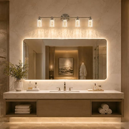 Brushed Nickel Vanity Light with 3 Color Modes, Eye Protection LED Bathroom Light Fixtures, Dimmable Modern Wall Light Over Mirror with Clear Glass Shade (Brushed Nickel, 5-Light)