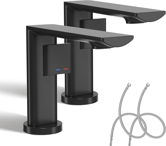 Modern Single Hole Bathroom Faucet | 5.3" Matte Black Luxury Vessel Sink Faucet with Solid Brass Body, Spot-Free Finish & Anti-Splash Design | Premium Ceramic Valve, 2 Pack | 1 or 3 Hole