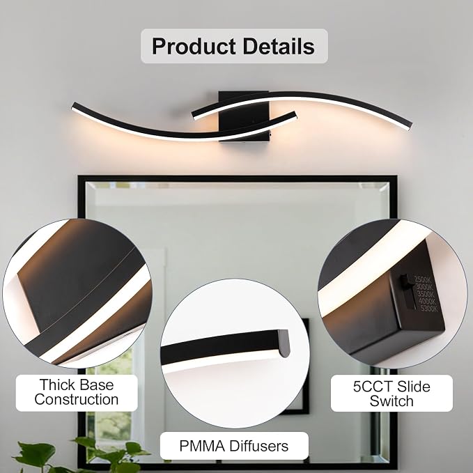 31.5 inch Modern Bathroom Vanity Light Black Lights Fixtures Dimmable 5CCT Led Bathroom Light Fixture Over Mirror Modern Wall lamp for Cabinet Hallway